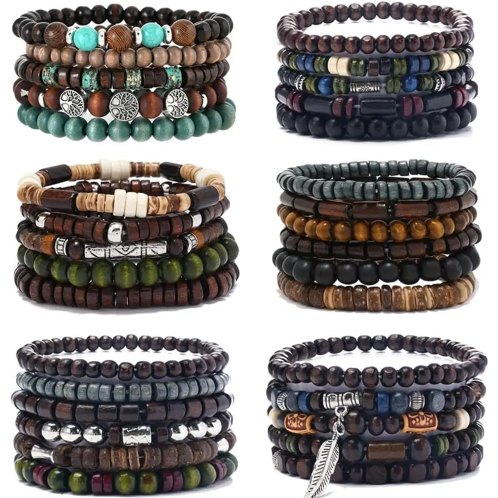 32 count Wooden Beaded Bracelets for Men | Adjustable Pulseras Para Hombres Set, Mens Bracelet Meaningful
