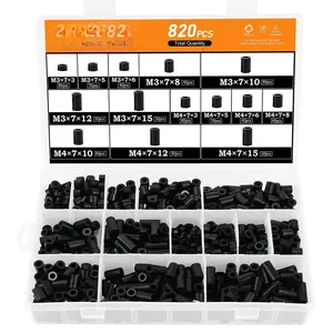 820 count Black Nylon Spacers, 14 Sizes Plastic Spacer  Kit, Electrical Outlet Screw Spacers Unthreaded for Electrical Screws,  and Receptacle Od7mm Id3/4mm Length 3/5/ 6/8/ 10/12/ 15mm