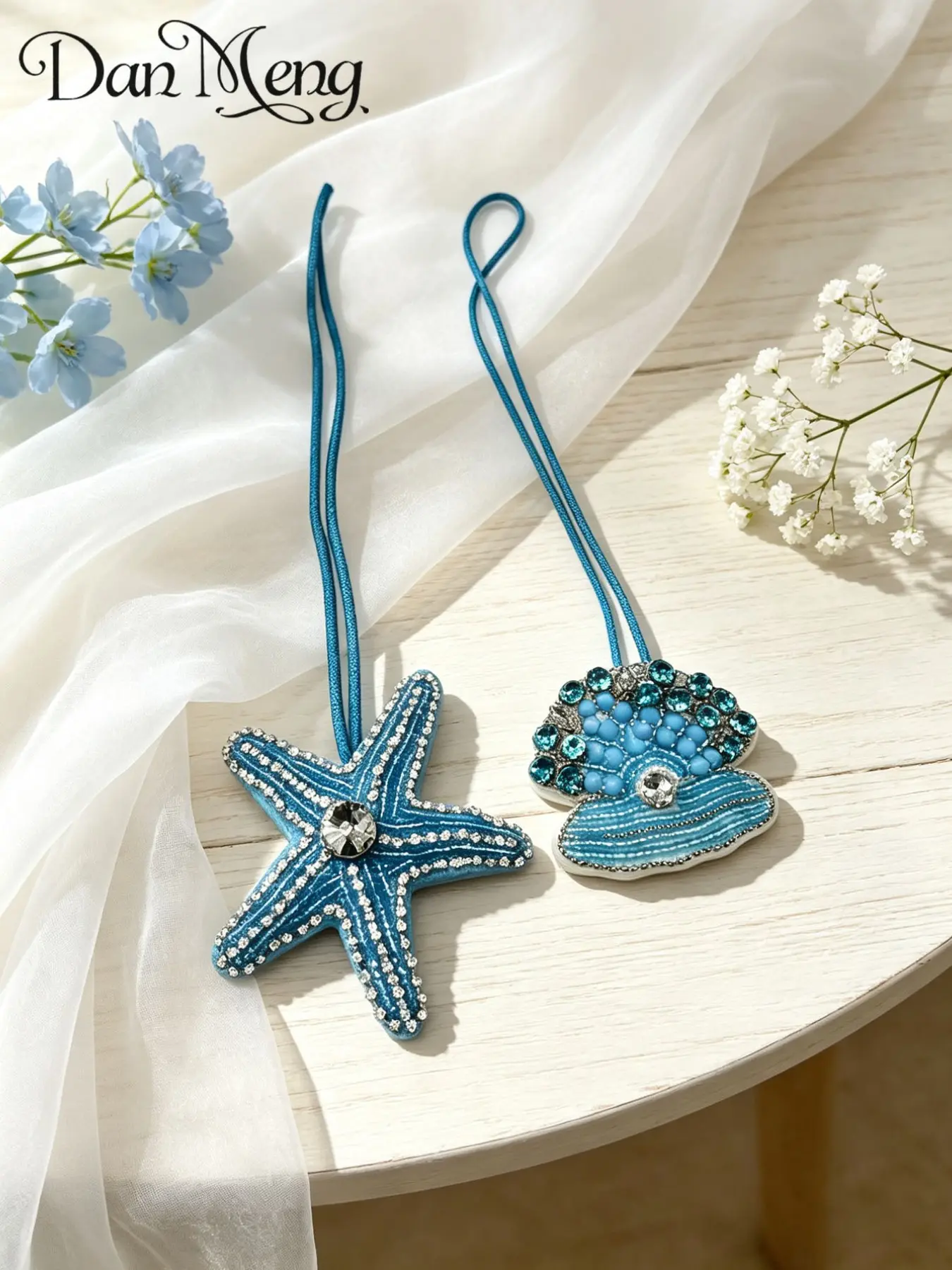 Lake Blue Rice Beads Pearl Shell Starfish Bag Charm Pendant, 3D Embroidered Ocean Keychain, Beach Travel Gift, Backpack Decoration, Bag Accessories Charms