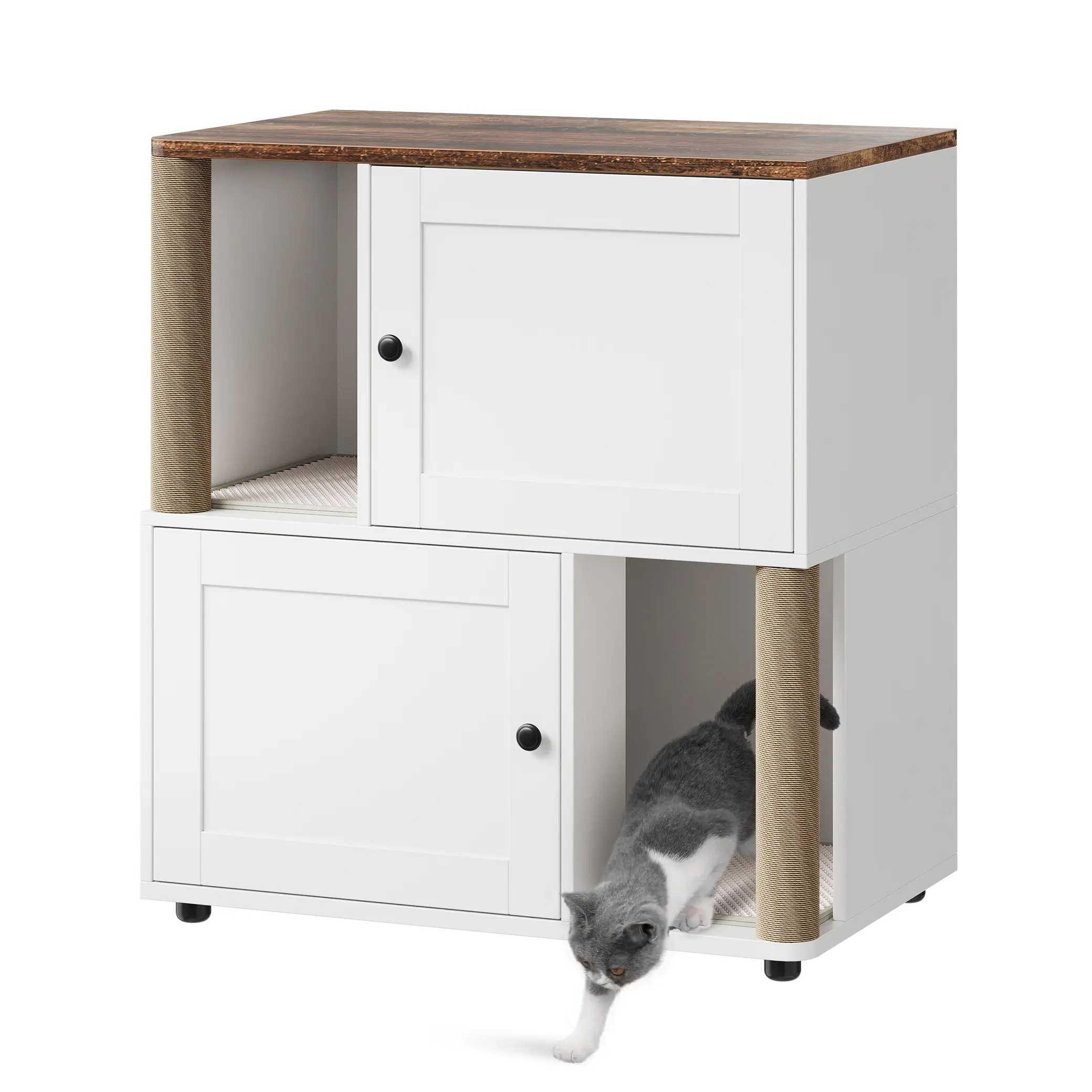 Double Cat Litter Box Enclosure Furniture, 2-in-1 Large Hidden Dog-Proof Litter Box Cabinet with Built-In Scratching Posts, Spacious Indoor Pet Washroom Storage Cabinet for 2 Cats Home Living Room Bedroom Decor