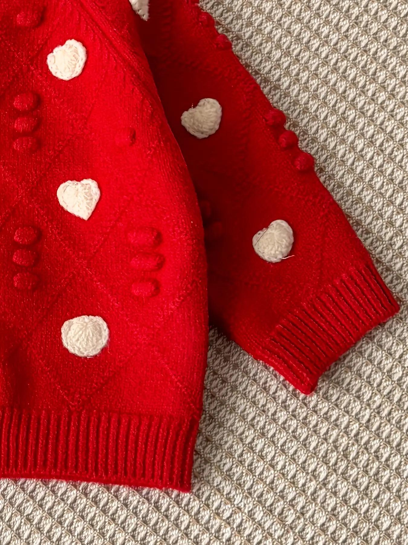 Girls' Red Knit Cardigan with Heart Pattern - Long Sleeve, Button-Up, Round Neck, Stretchy Fabric, Perfect for Fall/Winter, Halloween & Casual Wear, Halloween Cardigan |           Playful Design |           Knit Construction, Halloween Clothes, Girl Cardi