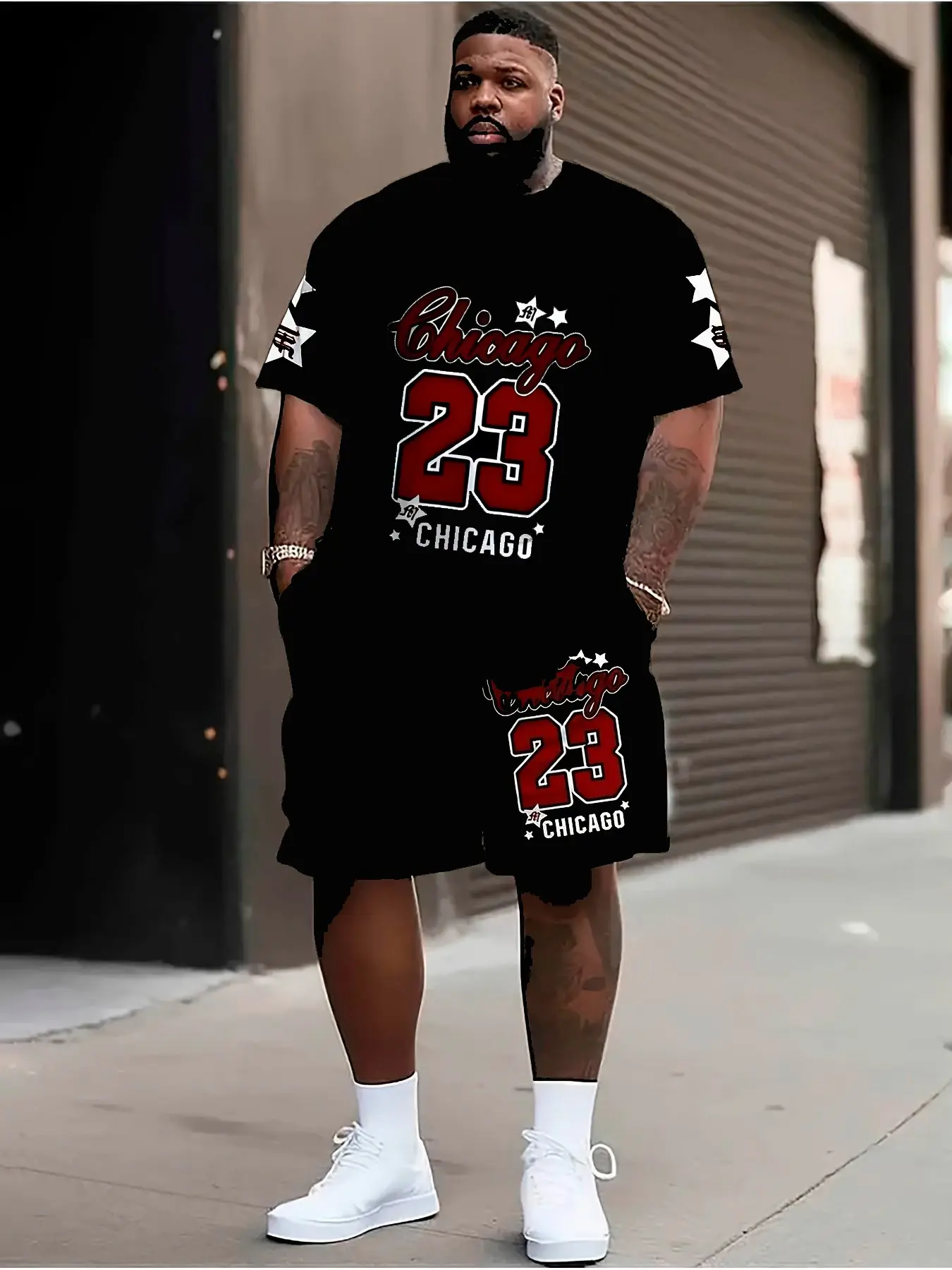 Men's Set Tee and Shorts, American Vintage Chicago 23 Star Print, Summer Streetwear, Sporty Casual Basketball Fashion, Loose Fit, Natural Waist