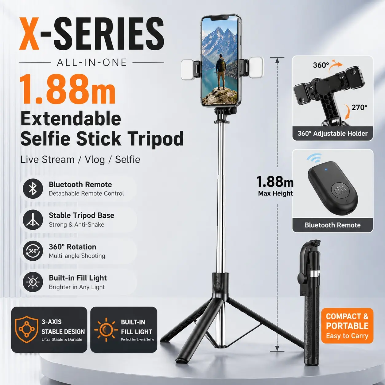 X188 Bluetooth-compatible Selfie Stick Tripod, 1.88m Extendable Phone Stand with Remote, All-In-One Floor Tripod for Live Streaming, Vlog & Selfie