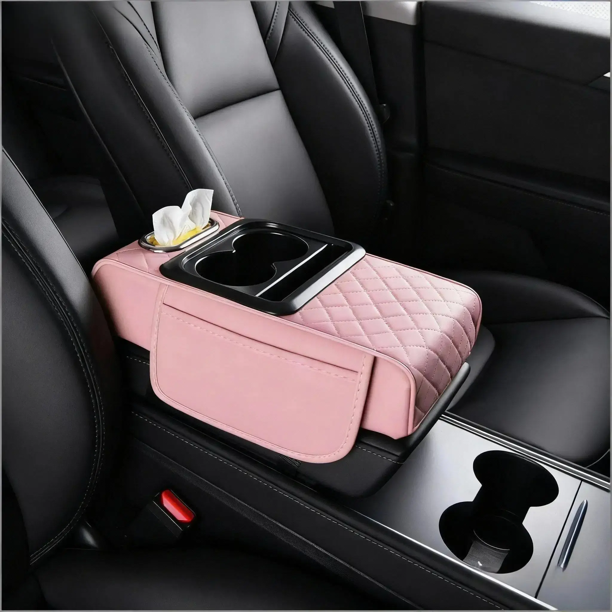 Pink 4-in-1 Car Armrest Cover Pillow - Center Console Cushion with Tissue Box, Cup & Phone Holder, Memory Foam Leather Storage Organizer