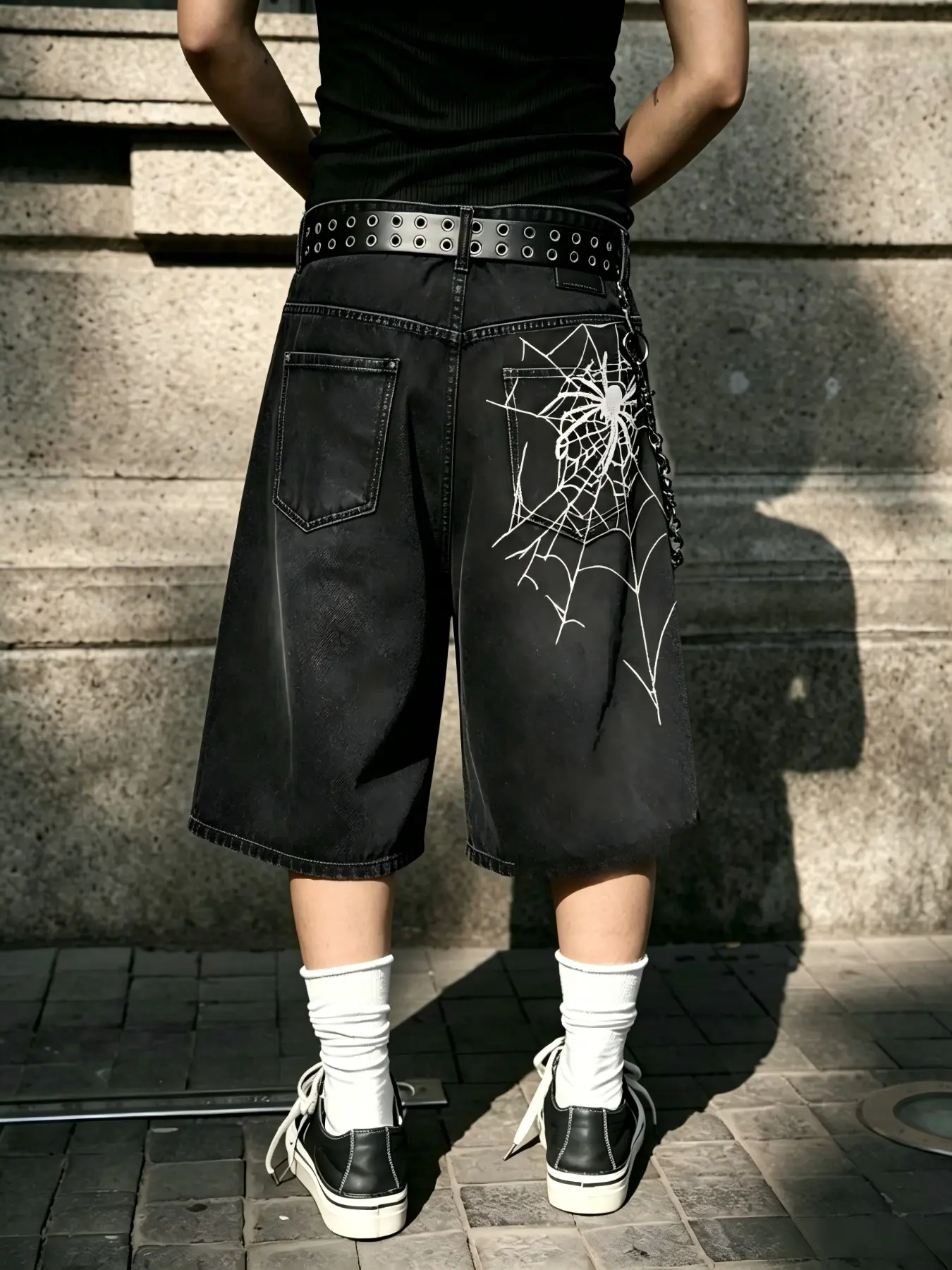 Men's Spider Embroidered Wide-Leg Denim Shorts, Casual Loose-Fitting Jeans, New Arrival High-Street Classic Style Streetwear, Plain Surface Unlined