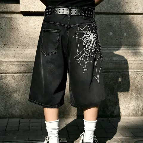 Men's Spider Embroidered Wide-Leg Denim Capri Shorts, Casual Loose-Fitting Jeans, Classic Western Style Streetwear