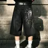 Men's Spider Embroidered Wide-Leg Denim Capri Shorts, Casual Loose-Fitting Jeans, Classic Western Style Streetwear