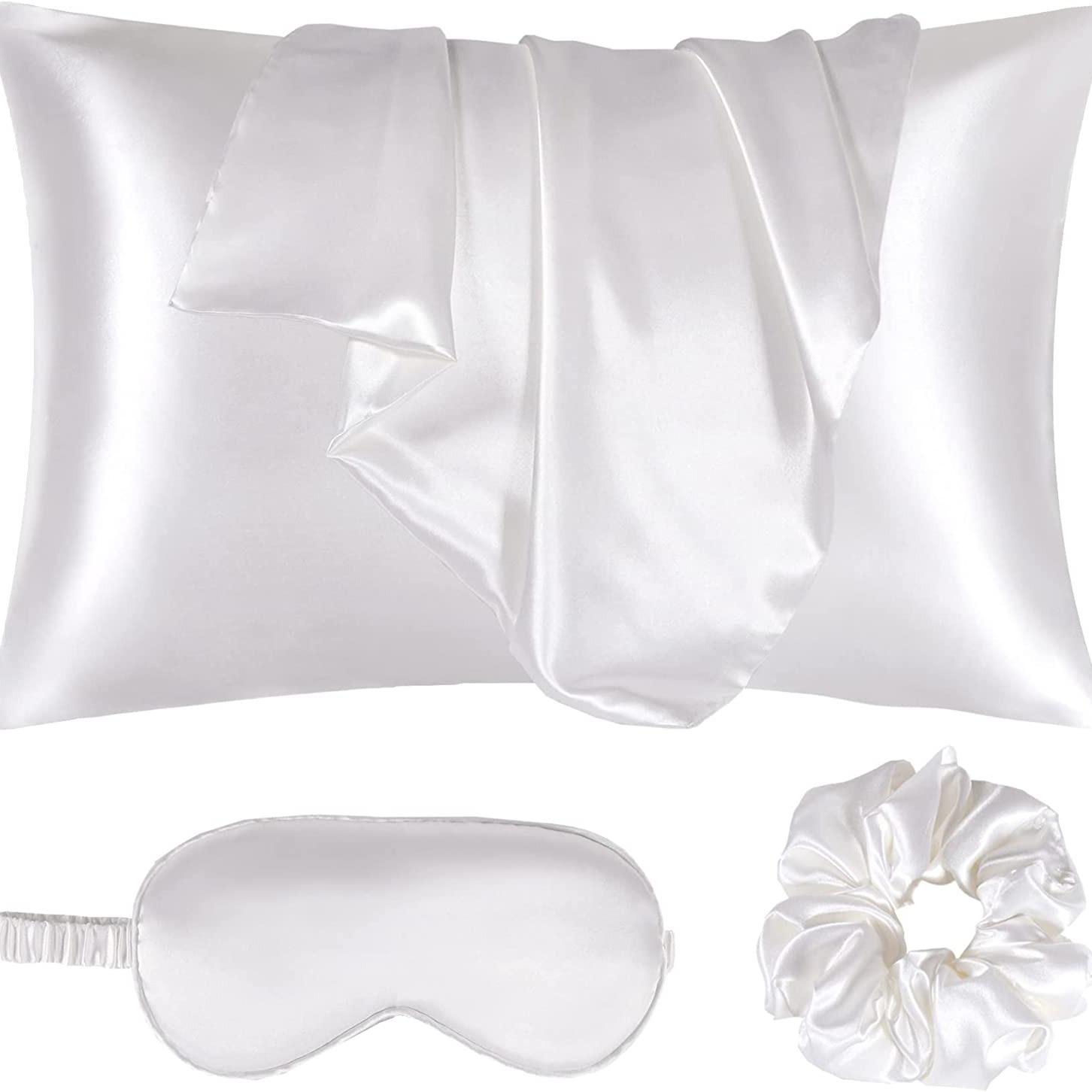 Cozy Room Accessories Solid Color Satin Pillowcase without Filler, 4 Counts Home Accessories Including 2 Pillowcase & 1 Hair Ring & 1 Eye Mask, Room Decor, Valentine's Day Gift