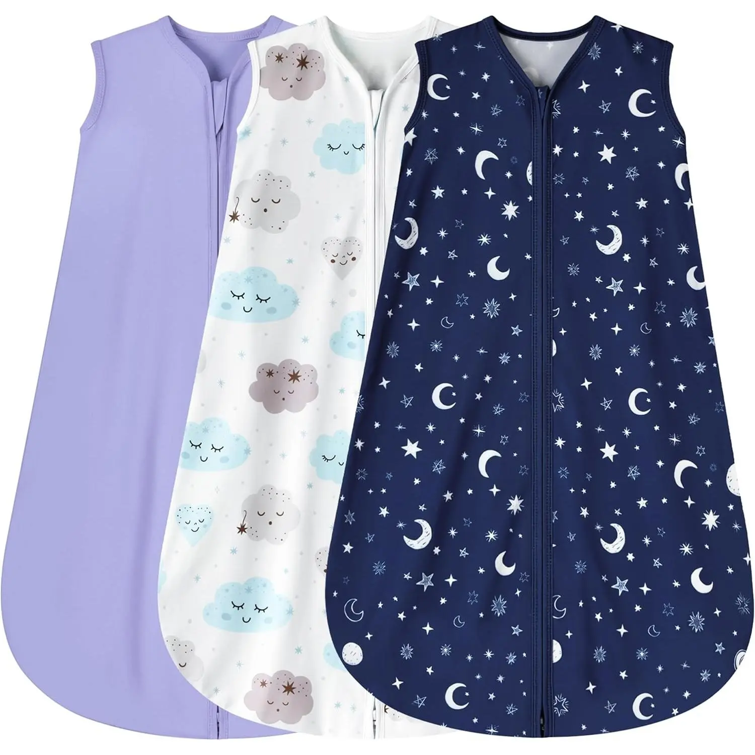 3 Pack Baby Sleep Sack 6-12 Months 100% Rayon Cotton Baby Sleeping Bag 2-Way Zipper Toddler Wearable Blankets Comfy Stretchy Lightweight TOG 0.3 （Purple&Clouds&Starry Sky）