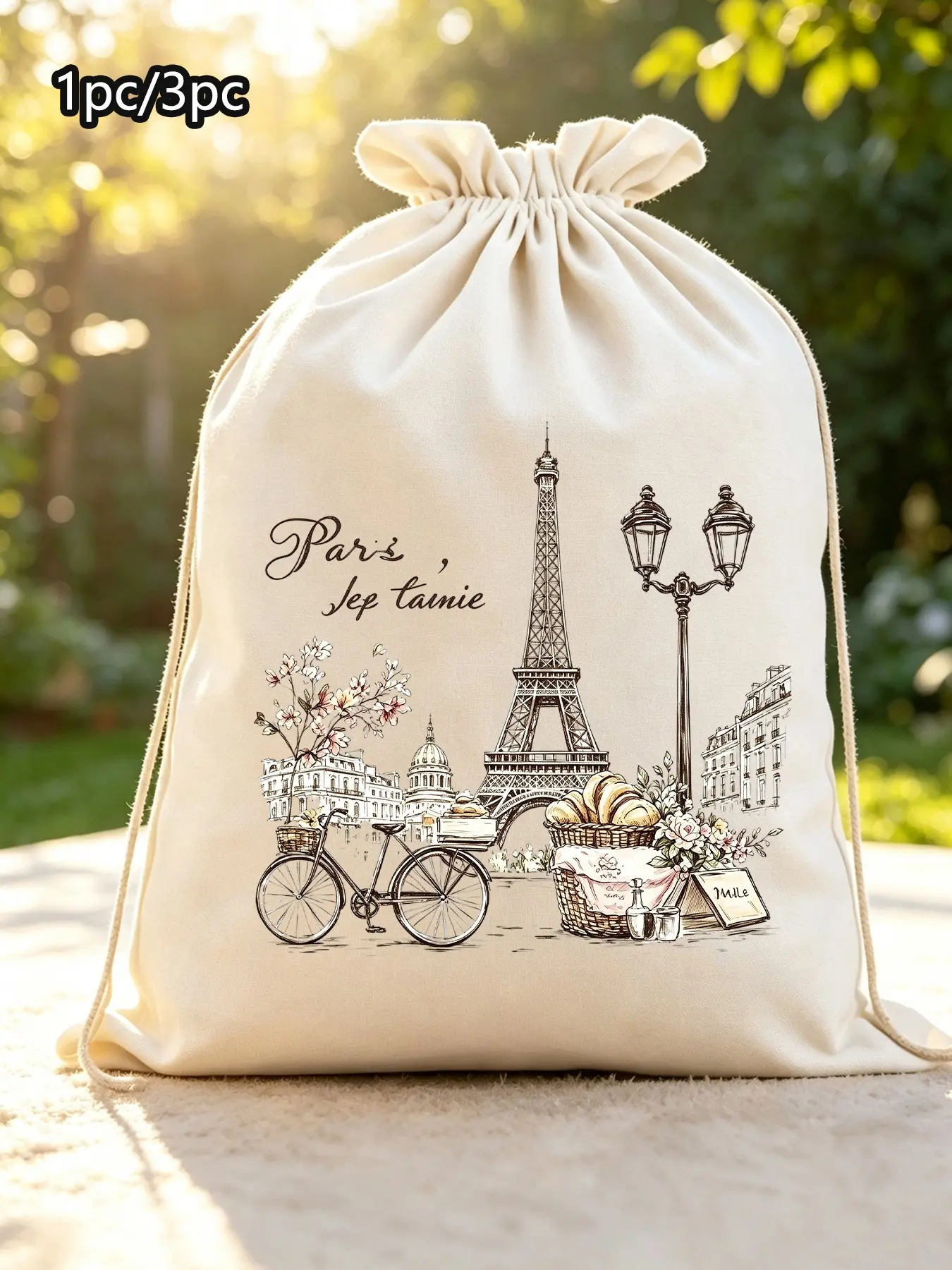 Paris Eiffel Tower Aesthetic Drawstring Bag, Large Capacity Canvas Storage Pouch, Vintage French Print Sack for Women Girls, Travel Beach Gym Picnic Organizer Bag