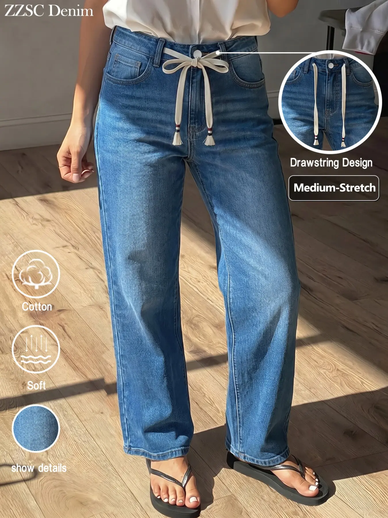 Women's Light Blue Drawstring Tie Waist Slim Straight Leg Jeans, Soft Stretch High Waist Wide Hip Simple Casual Long Pants