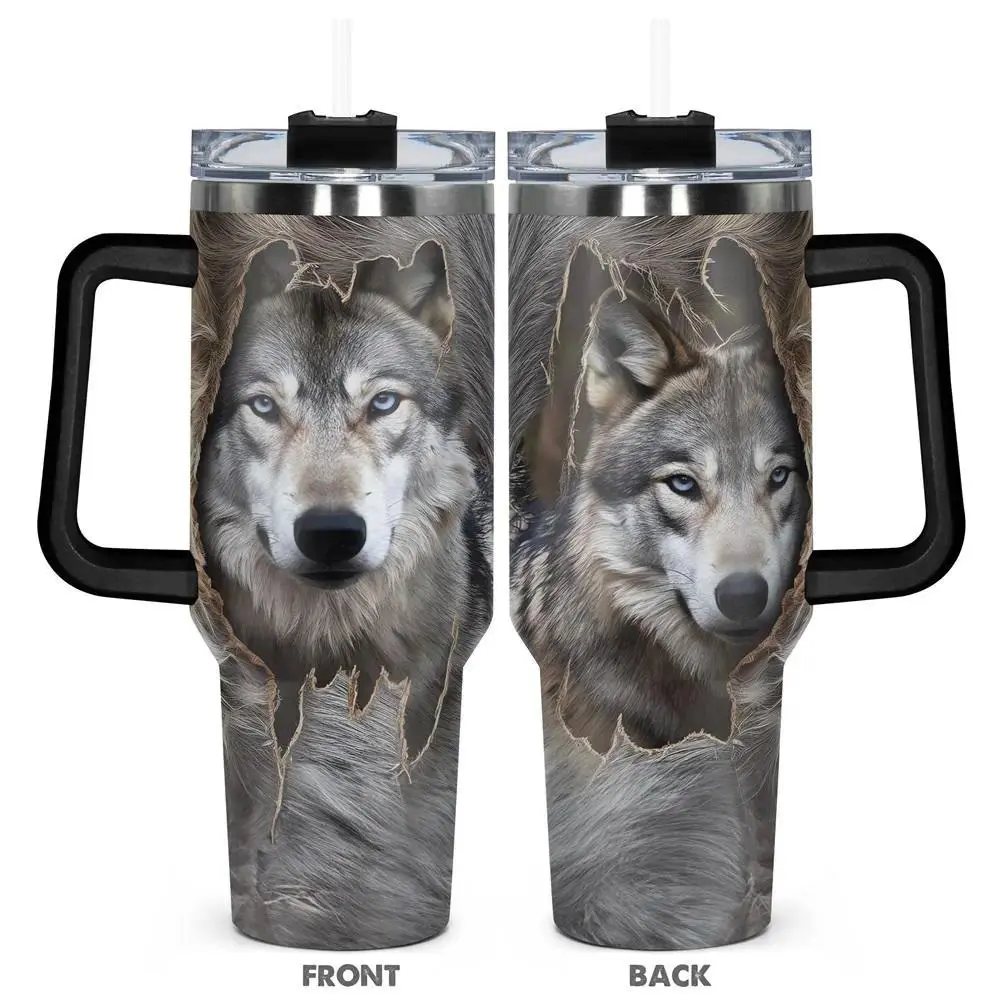40oz Wolf Pattern Tumbler with Lid, 1 Count Stainless Steel Water Bottle, Insulated and Durable Water Cup, Gift for Any Occasion, Drinkware