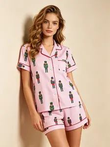 Women's Short Sleeve Button Down Top and Shorts Pajama Set, Spring & Summer Wearable, Pink Stripe Colorful Nutcracker Soldier Print, Red Contrast Trim, Chest Pocket, Dopamine Retro Style, Loose Fit, For Home & Casual Outdoor