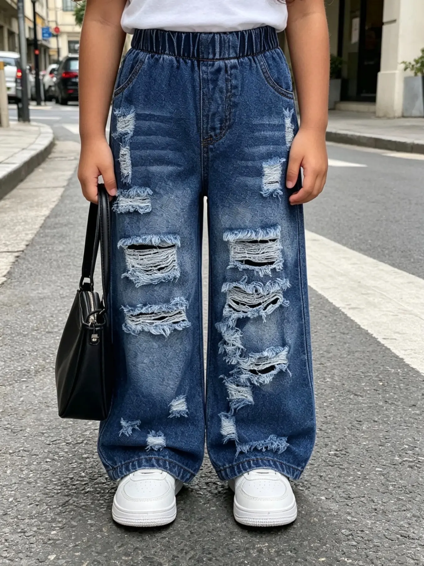 Girls' Vintage Style Denim Casual Jeans, Spring & Fall, Ripped Hem Design, Destroyed Hole, Washed & Distressed Look, Perfect for Shopping & School Season, Loose Legged Bottom Pants