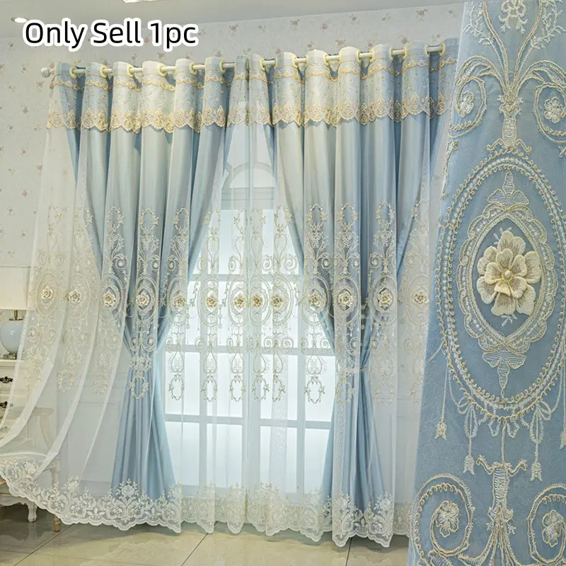 1pc European Luxury Embroidered Curtains, Single Panel Light Blue Double Layer Sheer Drapes, Window Curtain, Home Decoration Curtain, Patterns, Elegant Vintage Master Bedroom Atmosphere