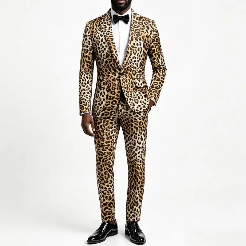 Men's Matching Leopard Print Slim Fit 2-Piece Tuxedo Suit - Long Sleeve Blazer, Dress Pants, Free Bow Tie - Menswear for Wedding, Prom, Halloween Black Fabric, Trouser, Formal, Set, Party Wear, V-Neck