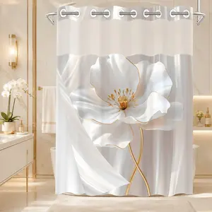 1PC 2D Flat White Floral Pattern Double-Layer Woven Decorative Shower Curtain (No Hooks), Floral Shower Curtains For Bathroom, Transparent Top Window, Removable liner with snap-on lining, Bathroom Partition Art Decoration, Bathroom Decor