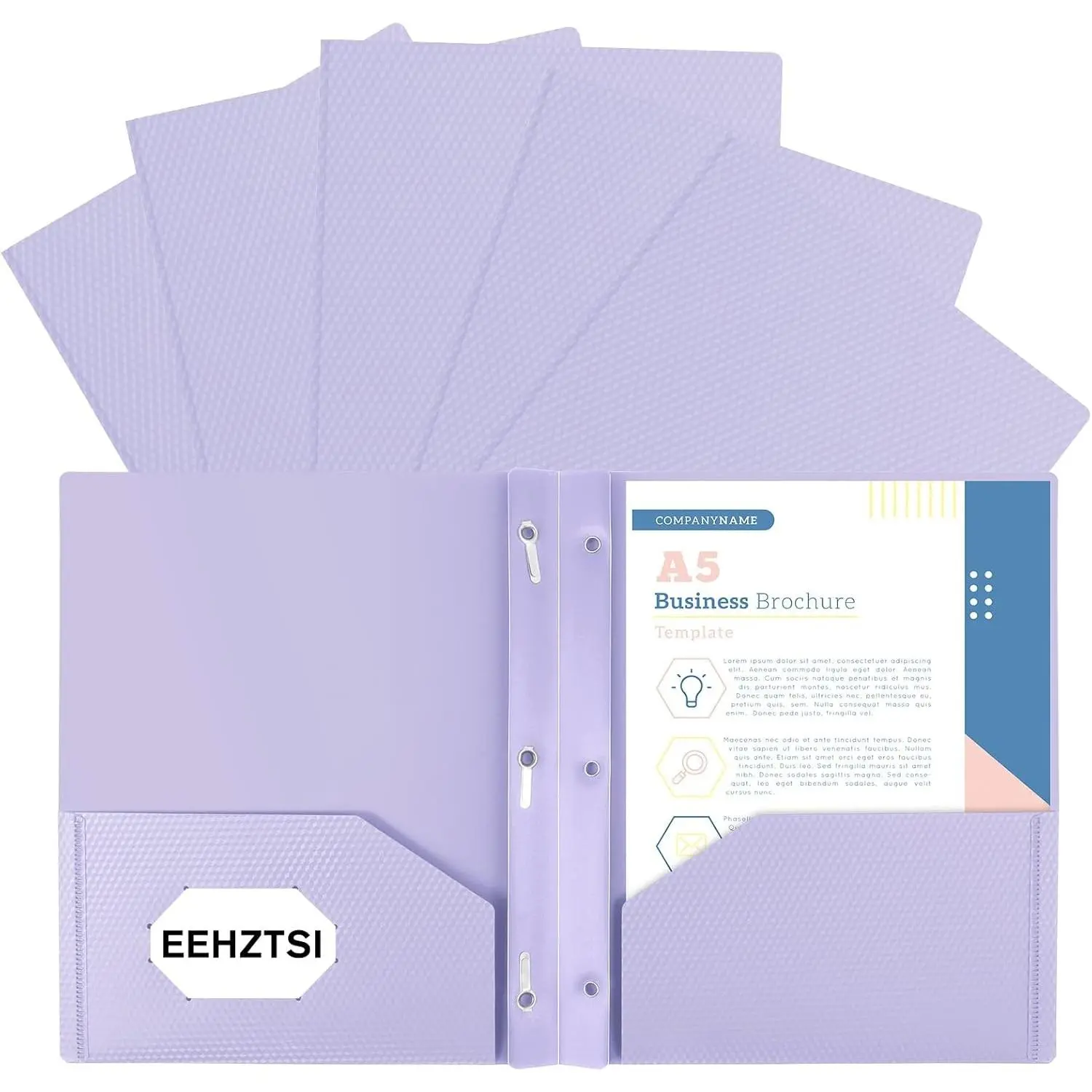 6-Pack Plastic Folders with Pockets and Prongs, 2-Pocket with 3 Fasteners, Pastel Folders Holds 8-1/2" x 11" Paper for School/Office/Home, Purple