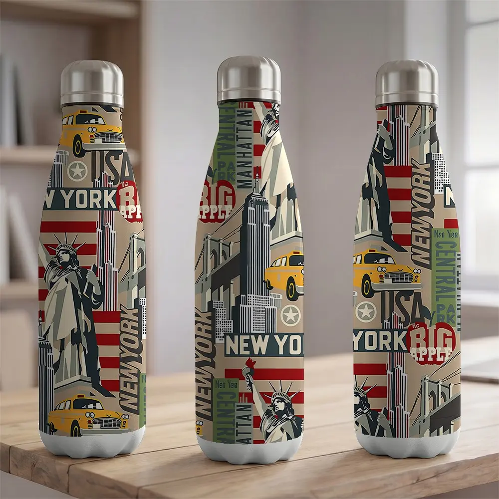 1pc 17oz New York City Theme Stainless Steel Insulated Water Bottle Vacuum Sealed Cola Shaped Flask for Travel Hiking Camping Vintage Statue of Liberty and Yellow Cab Print 500ml Sport Bottle for Car Cup Holder