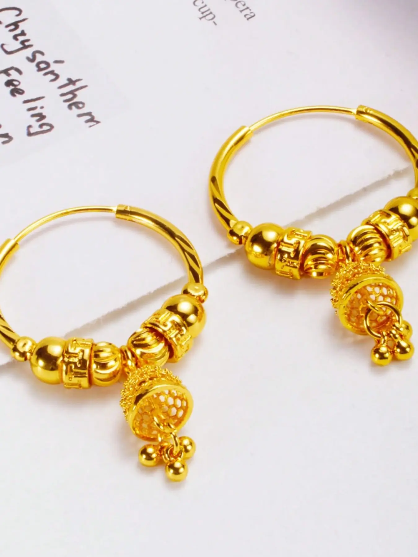 2pcs 24k Luxurious Arabic Style Hoop Dangle Earrings, Vintage Bead Court Design, Elegant Jewelry for Women, Statement Hoops Earrings, Fashion Dangle Earrings