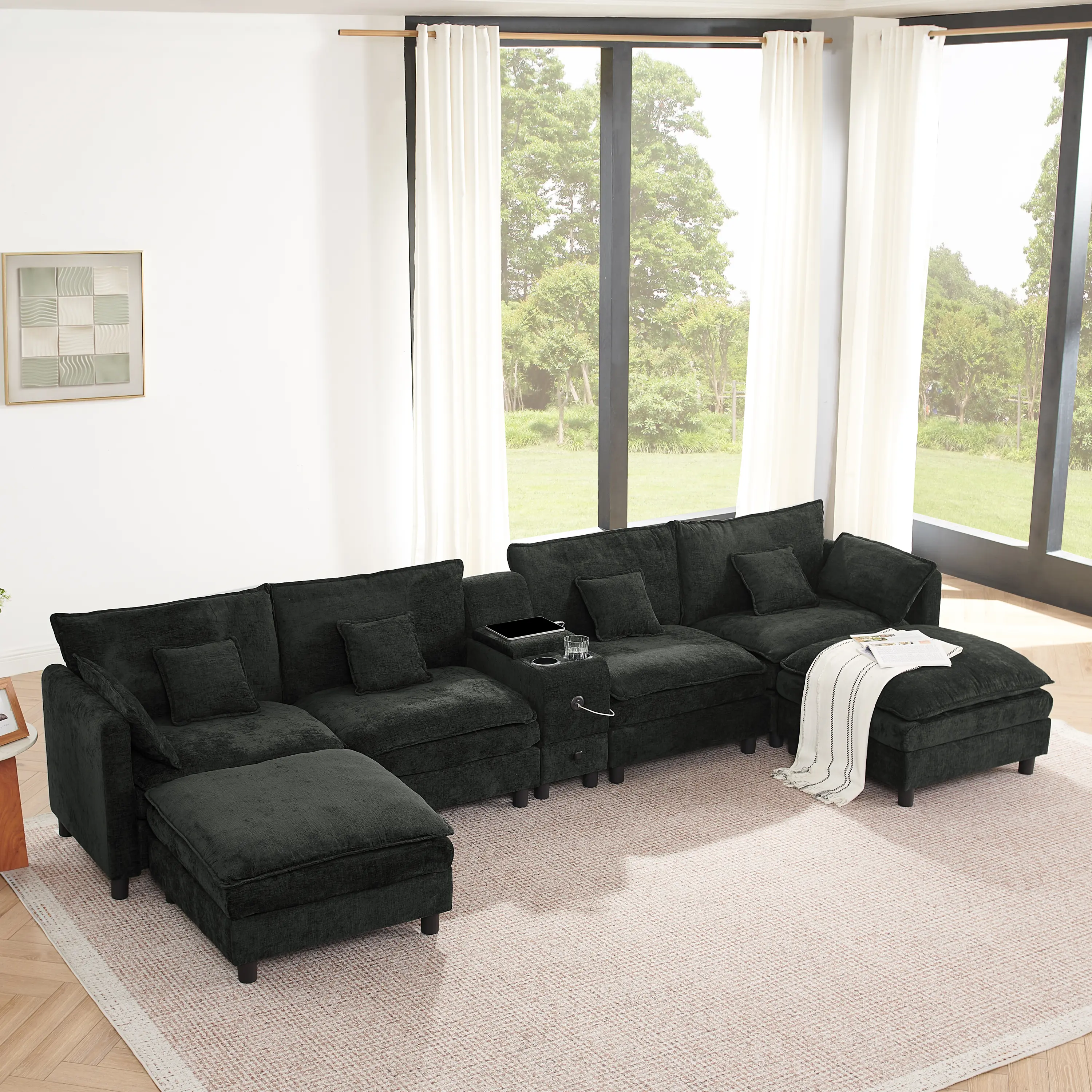 ARCH Modular L-Shaped Sectional Sofa with Reversible Chaise, USB Port, Storage Drawer, Flip-Top Cup Holder Console, Arm Pockets, Detachable Cushions, 6-Seat Black Foam Living Room Furniture, Black Color Options, Foam Material, 6 Seat Seat Count