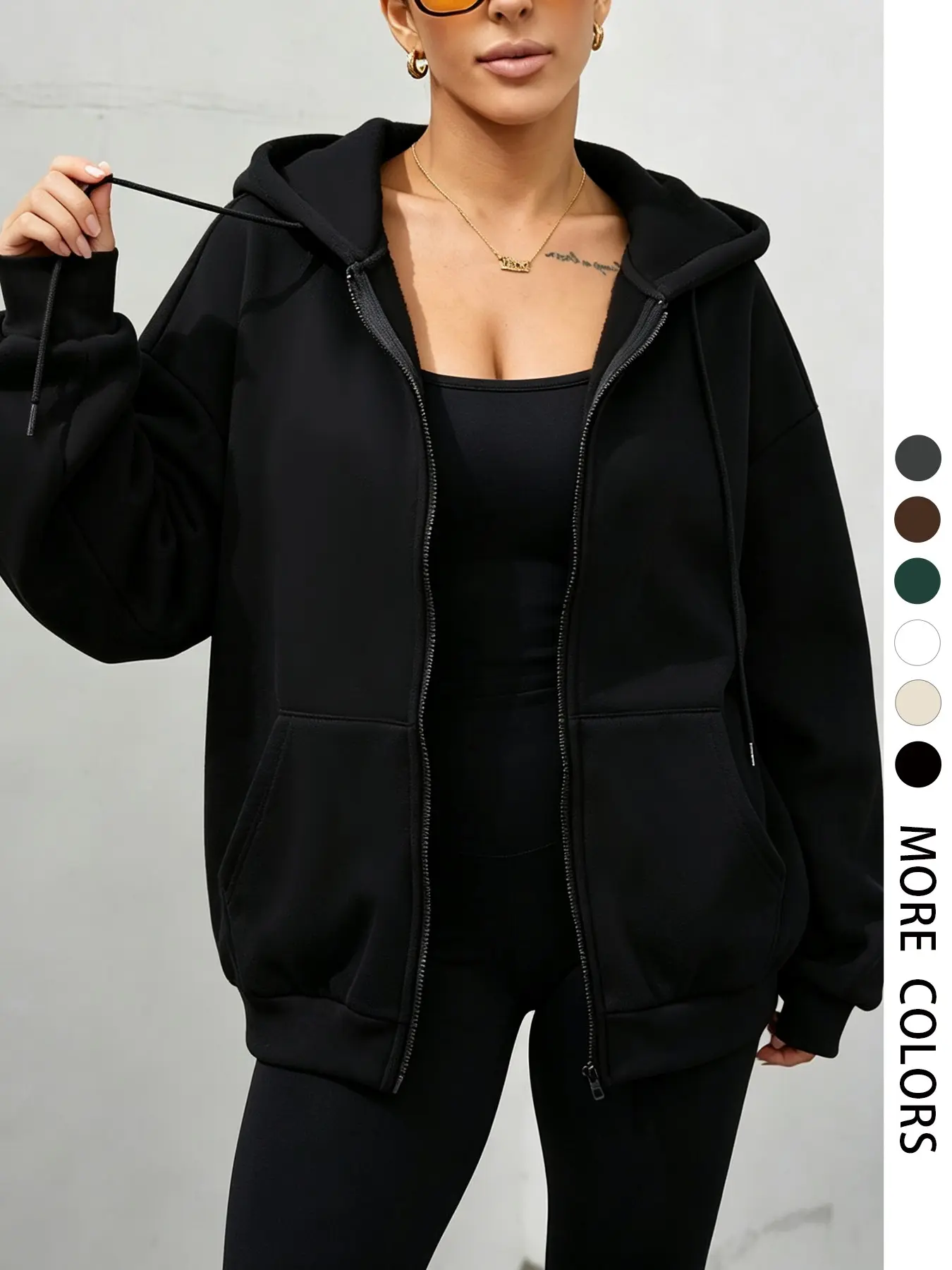 Women's Zipper Drawstring Hoodie, Long Sleeve Pocket Detail, Loose-Fit Casual Sweatshirt for Fall & Winter, Outdoor & Daily Wear