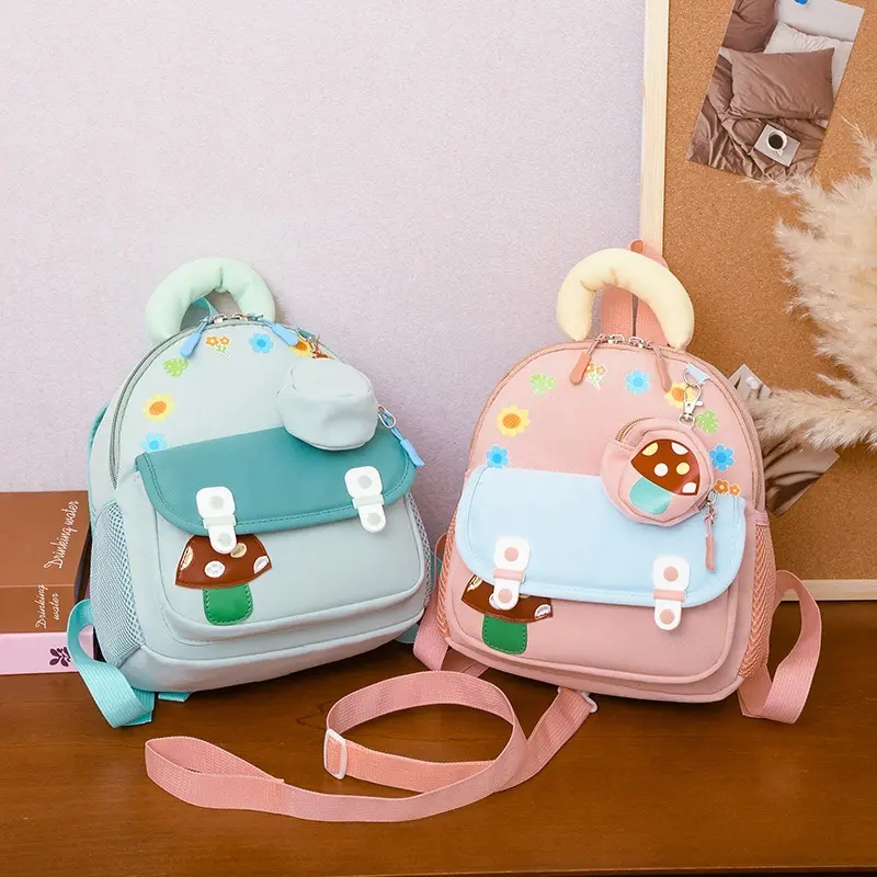 Cute mushroom backpack with matching mini coin purse, lightweight breathable straps for little kids.