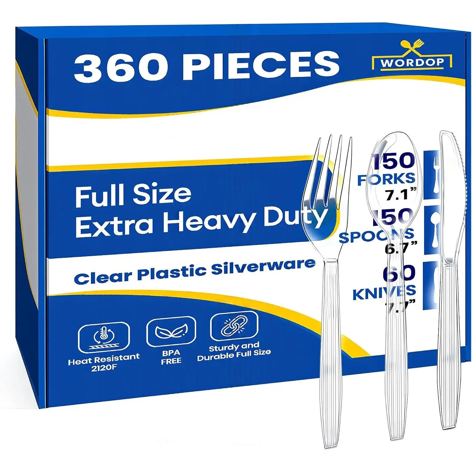 360 Count Extra Heavy Duty Plastic Silverware Set, Heat Resistant & BPA Free Disposable Cutlery 150 Forks, 150 Spoons, 60 Knives, Clear Premium Plastic Utensils for Parties & Events