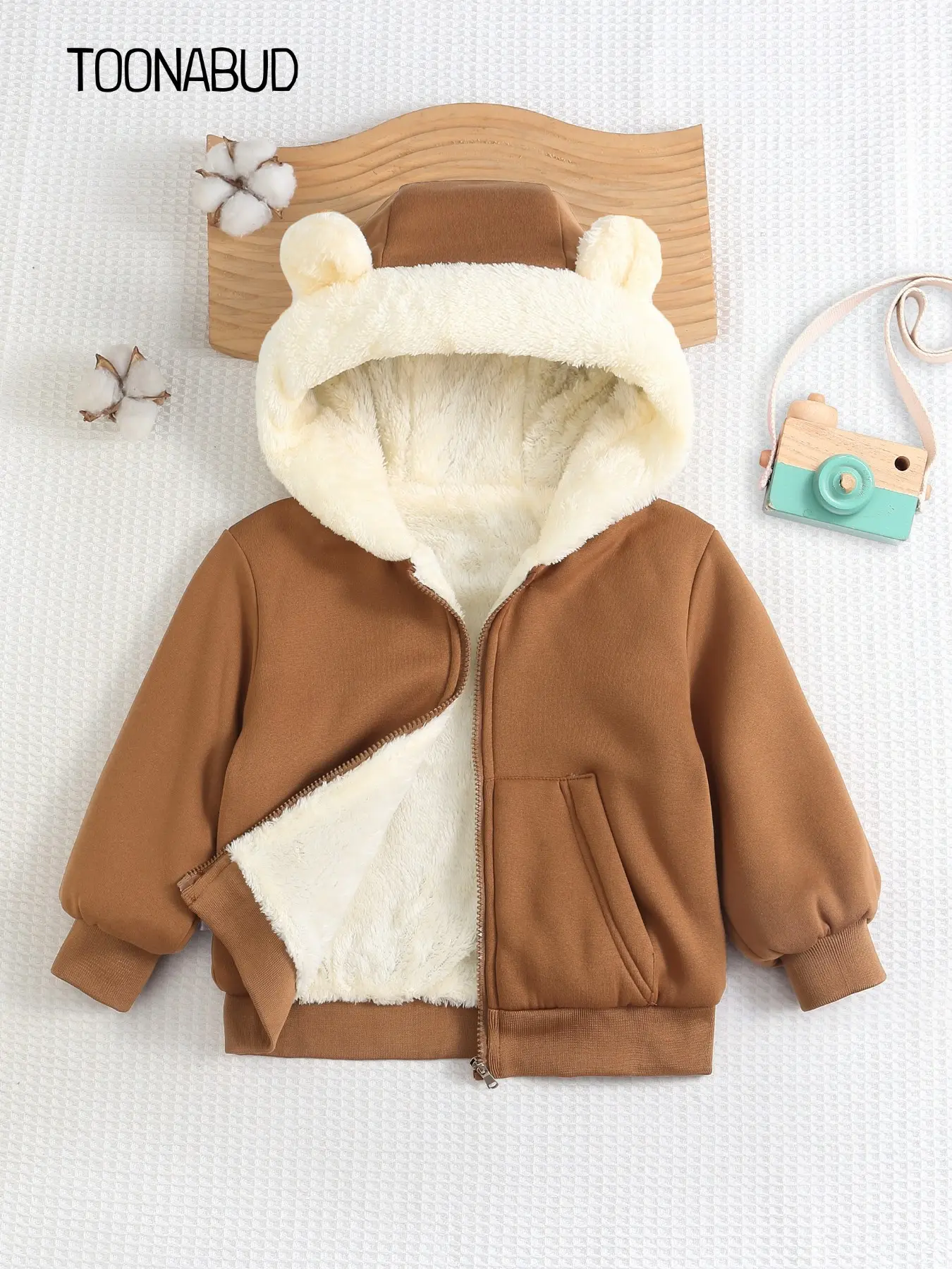 Unisex Kids' Fall Winter Bear Ears Hooded Jacket, Baby Thick Sheepskin Lining Warm Zip-Up Coat, Fleece Top