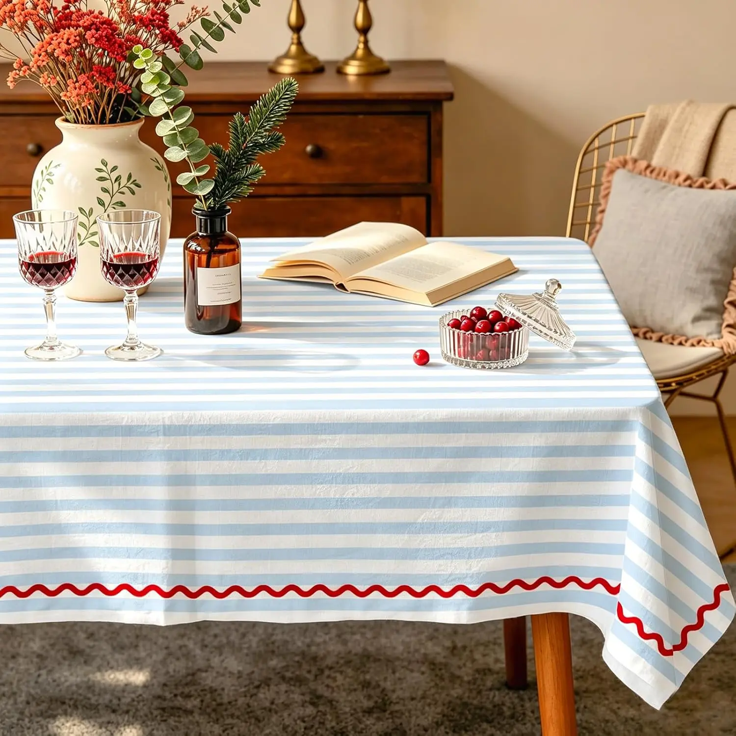 FYSUIMU Polyester Rectangle Tablecloth - Blue-White Striped with Red Wavy Edge, 60x104 in Washable Tablecover for Kitchen Dining, Party Home Decor
