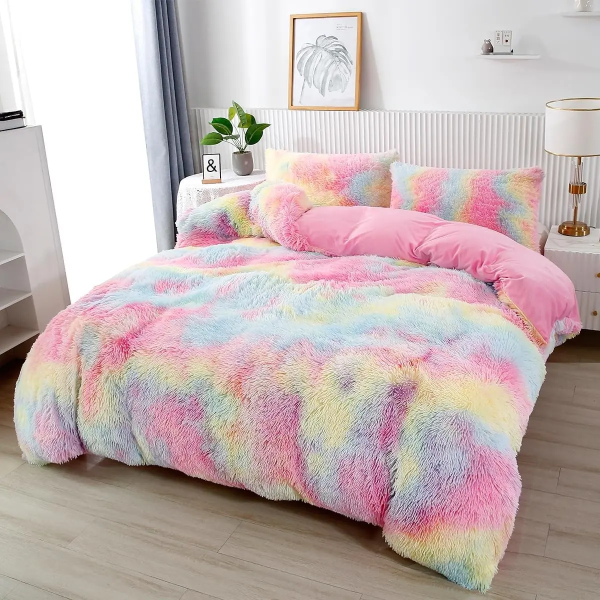 Pink Faux Fur Fluffy Comforter Twin 3-Piece Colorful Rainbow Plush Shaggy Bedding Sets for Girls Tie Dye Fuzzy Furry Comforter Set(Pink, Twin)