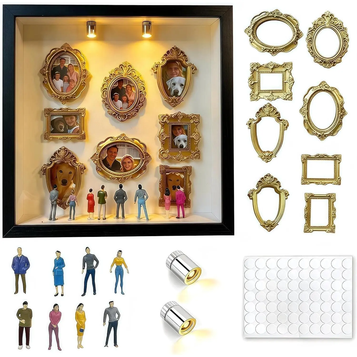 Valentine's Birthday  - DIY Mini Museum Shadow Box with 8 Frames, 8 Figurines & 2 LED Lights, Anniversary & Romantic  Decor10x10x1.9 Inches (Black)
