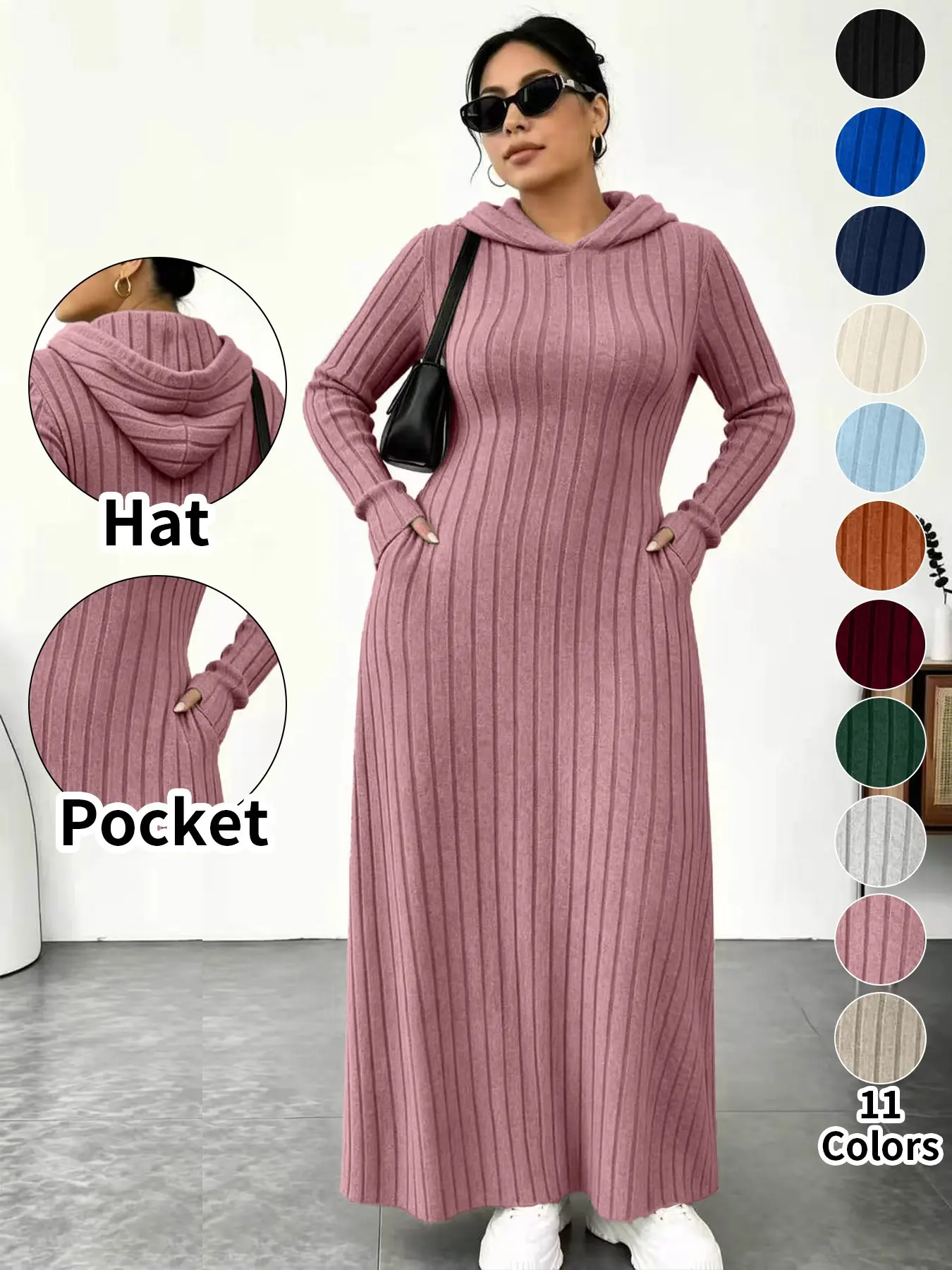 Plus Size Women's Long Knit Dress, 11 Colors Available, Slim Fit with Pockets, Micro Plus Size Slimming Hooded Top, Long Sleeve Base Layer