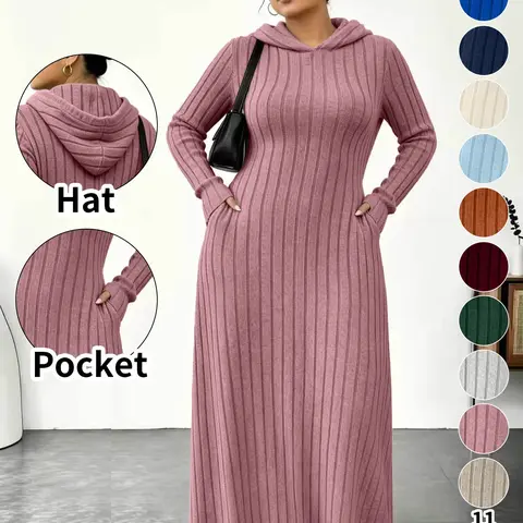 Plus Size Women's Long Knit Dress, 11 Colors Available, Slim Fit with Pockets, Long Sleeve Polyester Base Layer Dresses, Casual Wear