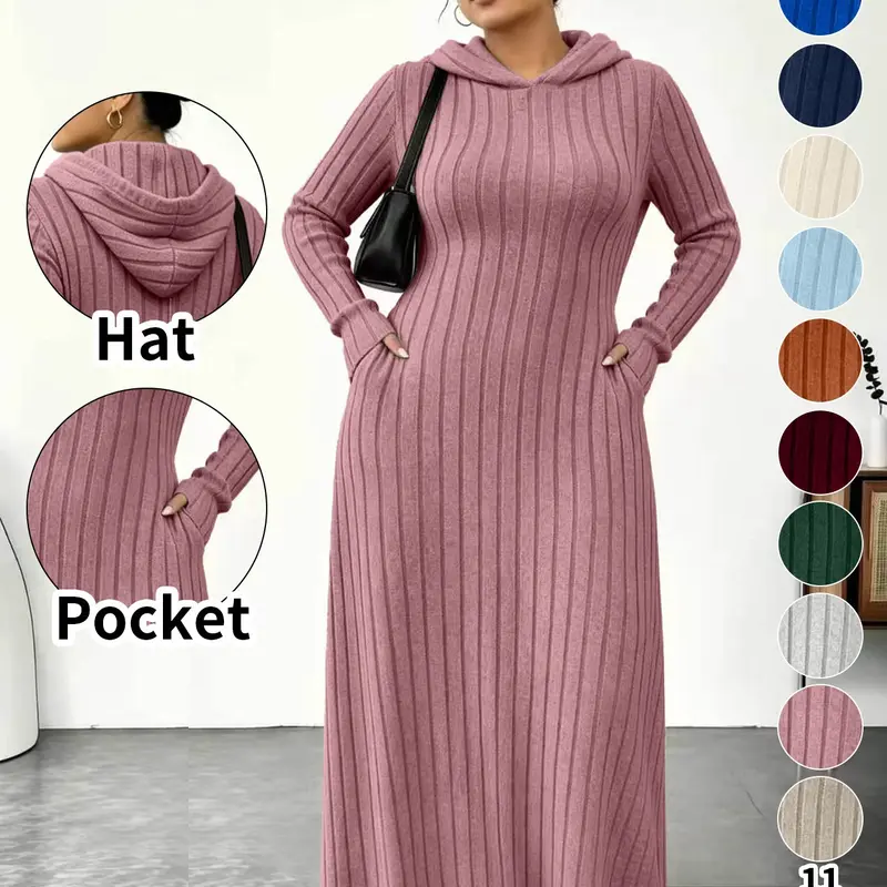 Plus Size Women's Long Knit Dress, 11 Colors Available, Slim Fit with Pockets, Long Sleeve Polyester Base Layer Dresses, Casual Wear