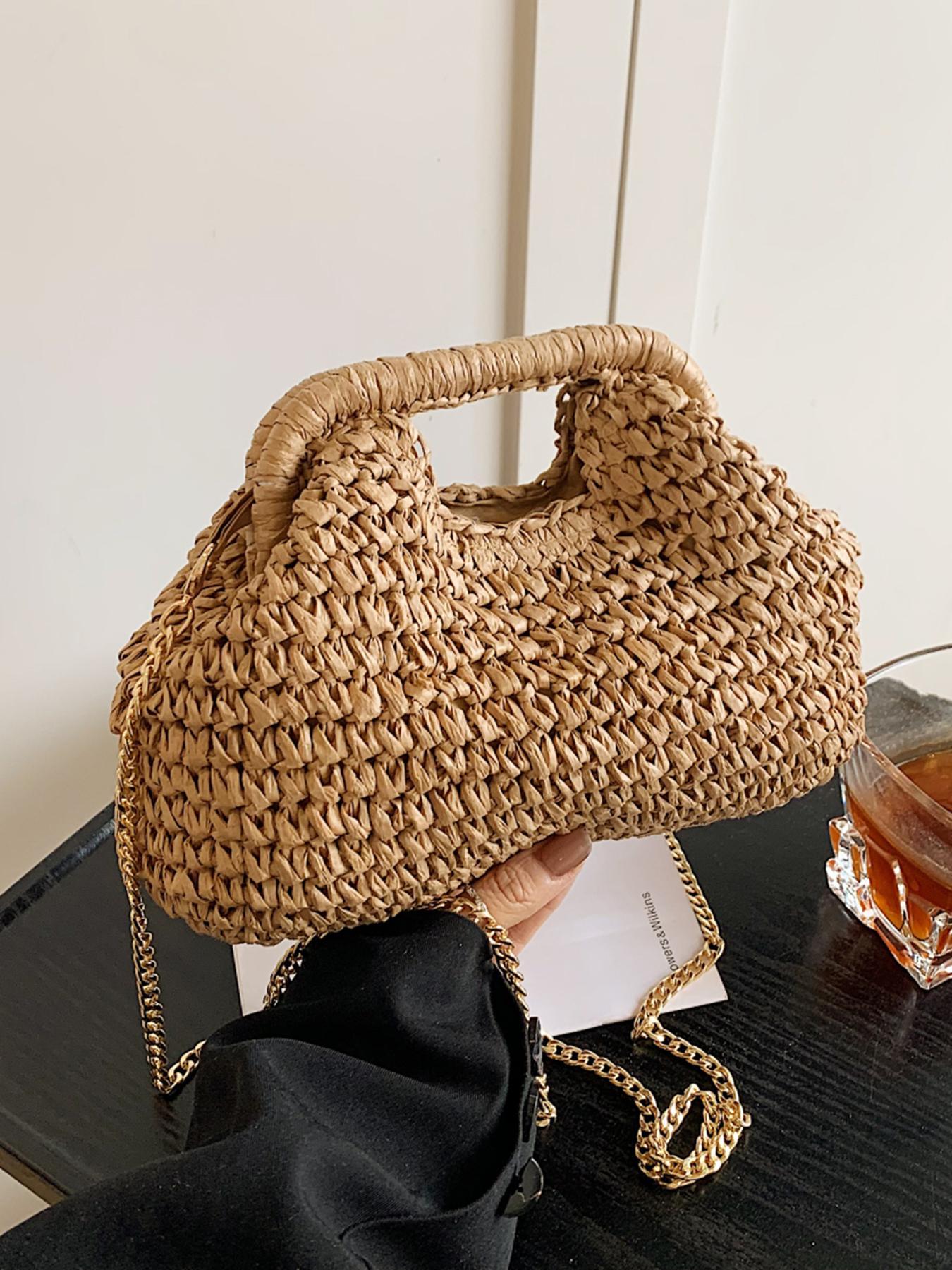 Women's Elegant Straw Bag, Fashionable Straw Crossbody Bag with Chain Strap, Casual Versatile Shoulder Bag for Daily Used, Half Moon Bag