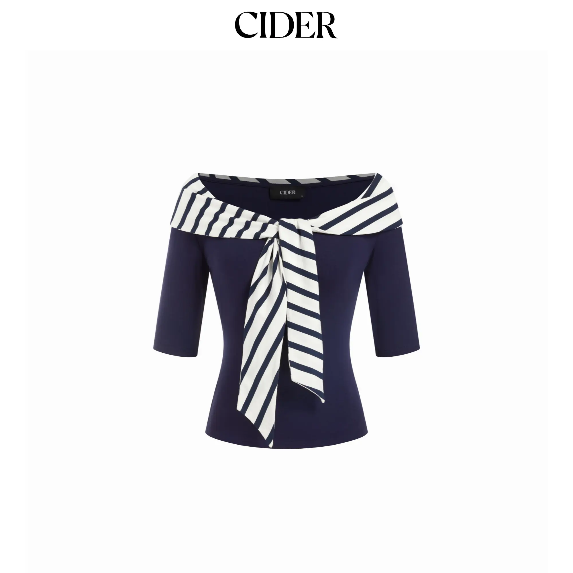 Cider Cotton-blend Striped Sailor Collar Off-shoulder Mid-length Sleeve Tee Women Top