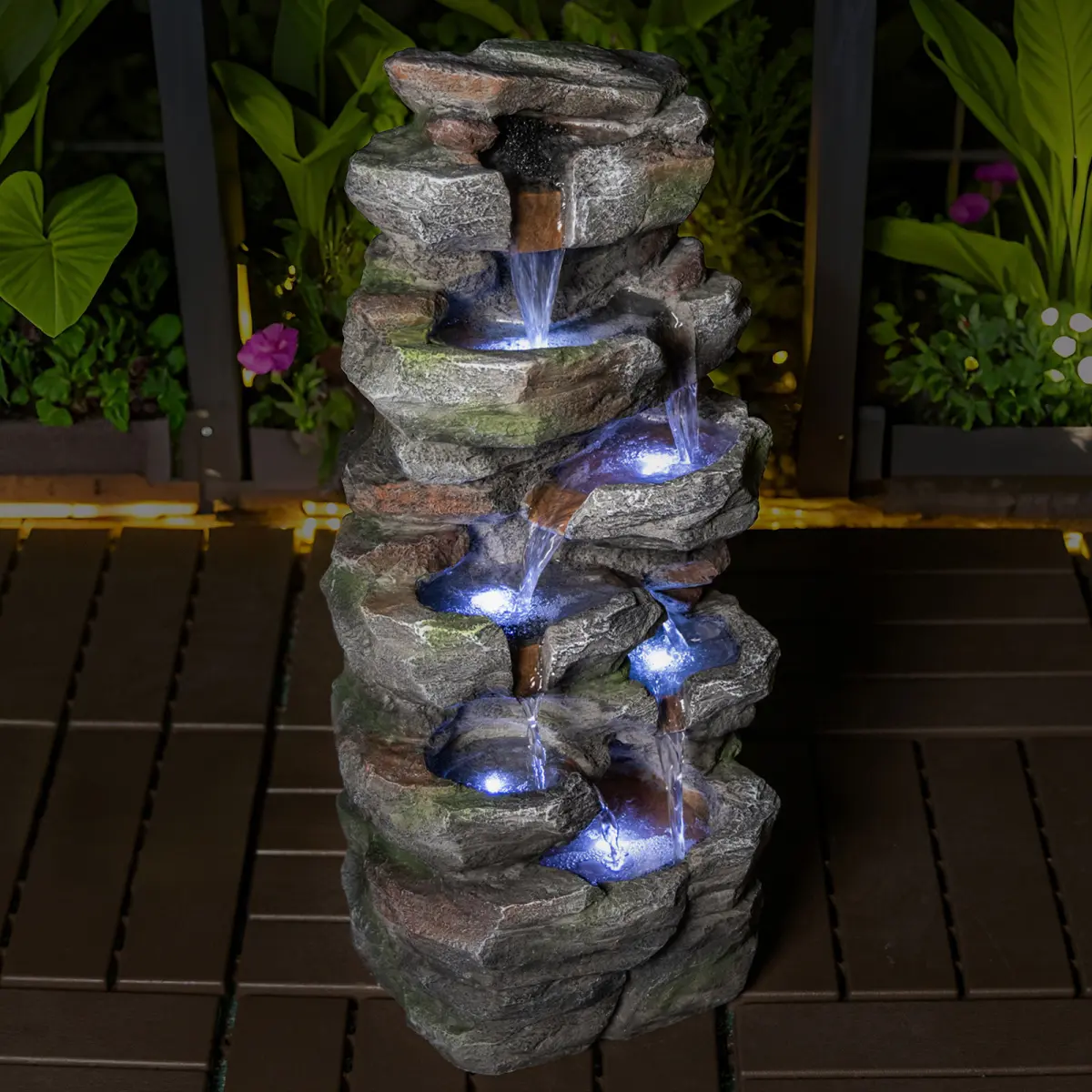 Rock Waterfall Outdoor Fountain with LED Lights Stone Garden Fountains Outdoor Décor for Patio Lawn Backyard Cascading Tiered Outdoor Water Fountain