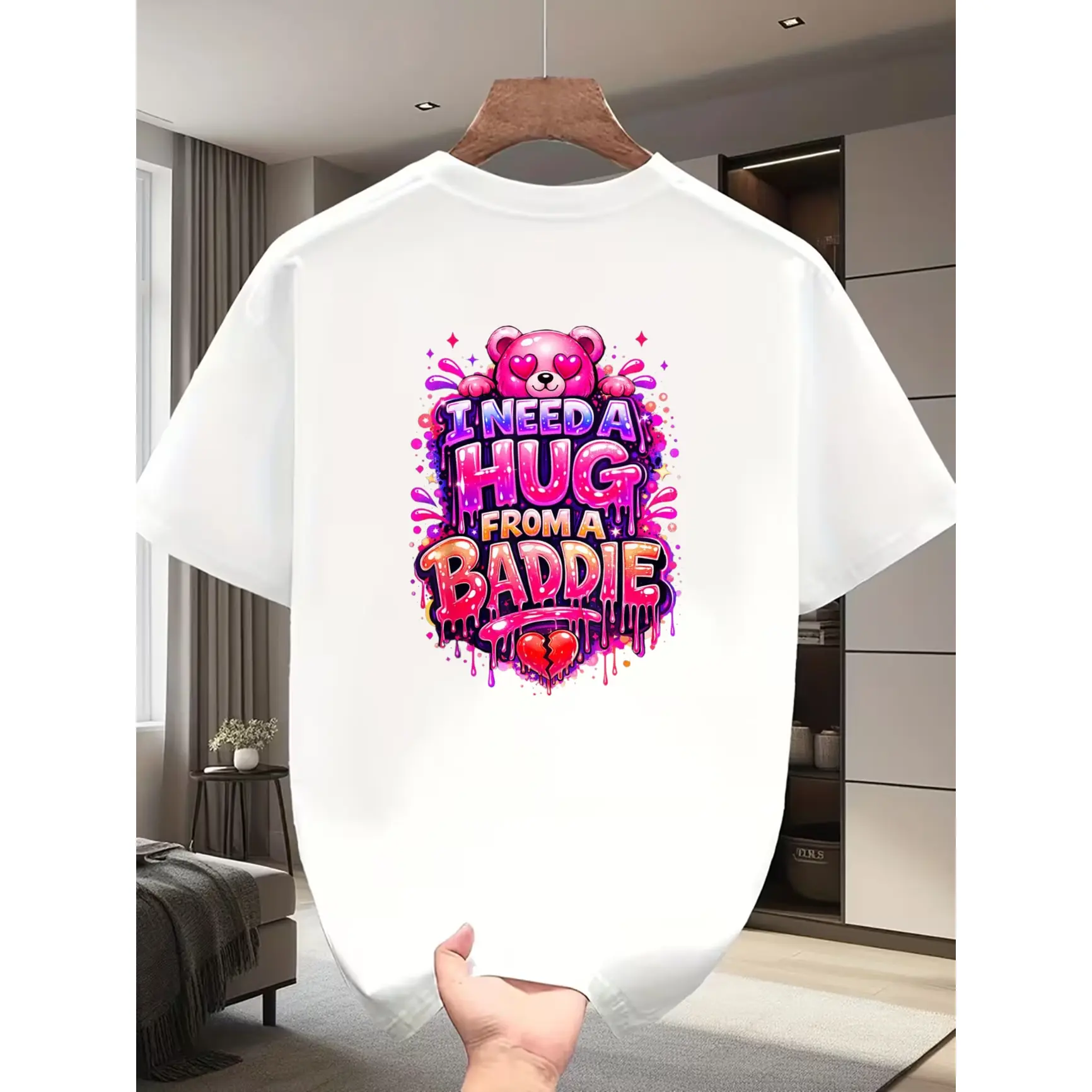Unisex Graffiti Bear Graphic T‑Shirt, I Need A Hug From A Baddie Drip Art Pink Bear Back Printed Craft Tee, Comfort Cotton Short Sleeve Top, Cute Y2K Street Fashion Outfit For Men Women, Casual Daily Party Tee, Fun Valentine Gift, Perfect Holiday Present