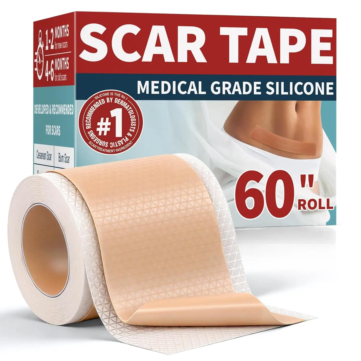 Silicone Scar Tape 1.6”x60” Roll Reusable Silicone Scar Sheets for Surgical C-Section Tummy Tuck Keloid Scars Easy to cut
