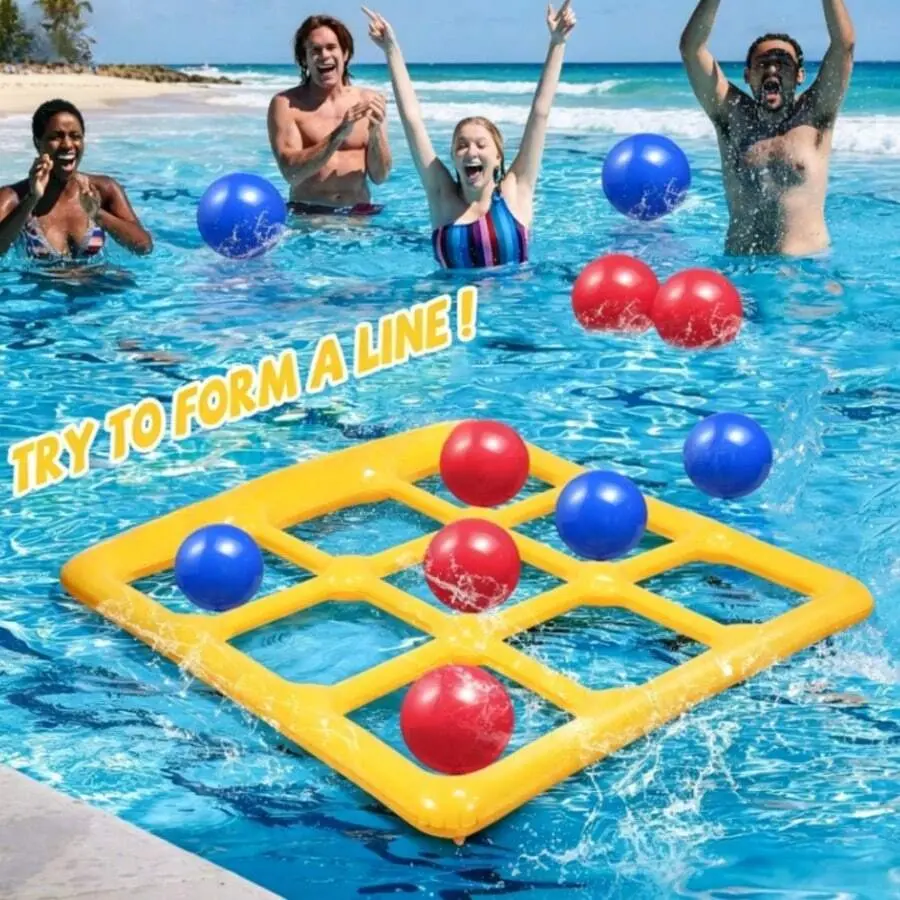 Inflatable Tic-Tac-Toe Water Sports Game - Unisex Playful Pool Accessories for Youth, Includes Balls (5 Blue, 5 Red), Air Pump, Floating for Pool, Lake Parties