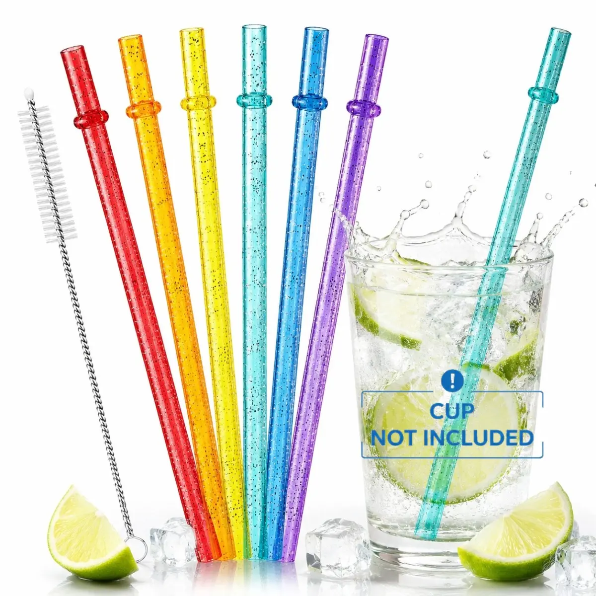 Six 9-inch reusable glitter plastic straws with a straw brush, made of hard plastic with a brush, available in 6 colours, transparent replacement straws suitable for 16oz to 30oz cups.