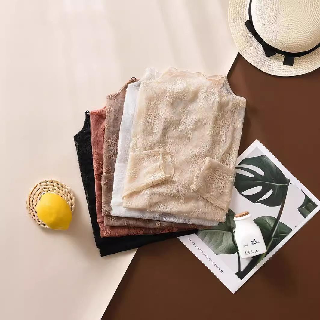 Lace Undershirt for Women 2025 New Style Semi High Neck Shirt Mesh Long Sleeved Sexy Top