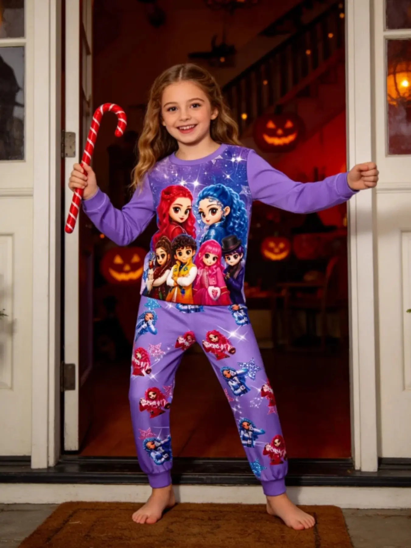 Cute Girls Role Play Cartoon Print Set, Round Neck Long Sleeve, Perfect for Halloween Night and Back-To-School Parties