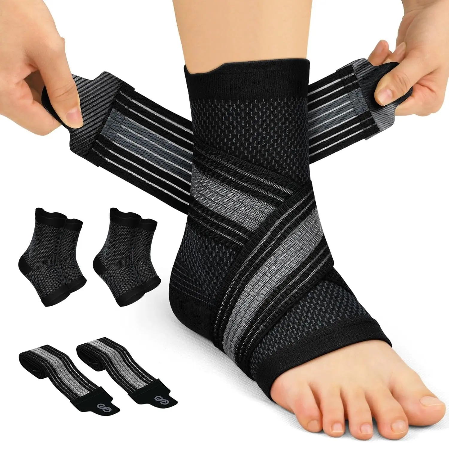 Black 2-Pairs Nylon Ankle Braces for Men & Women, Plantar Fasciitis Relief, Arch & Ankle Support with Removable Strap for Swollen Relief, Achilles Tendonitis, Faster Recovery & Circulation Boost, Support Brace