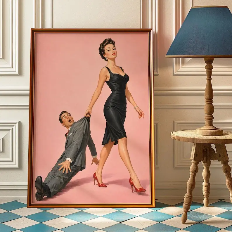 Retro Pinup Woman Poster, Turquoise Dress Wall Art Print