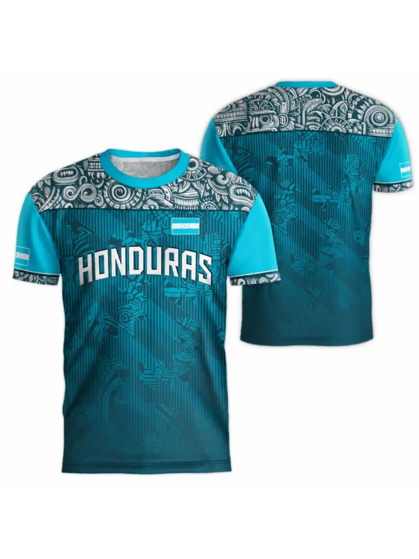 Honduras Flag Style Fan Short Sleeve Casual Jersey with Blue and Maya Retro Patterns