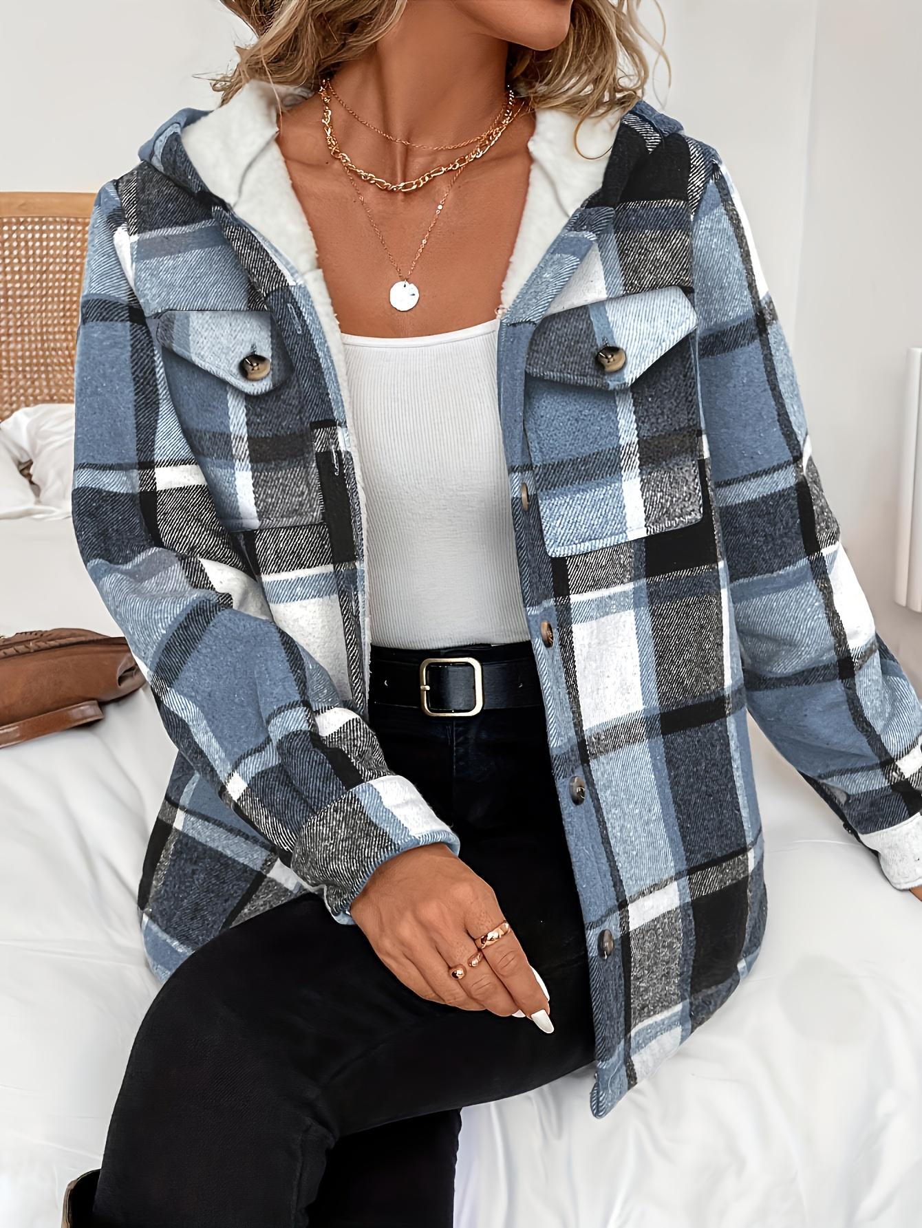 Women's Casual Plaid Hooded Jacket with Fleece Lining 100% Polyester Woven Shirt Button Detail All-Season Warmth Lightweight Outerwear Coats Fitted Khaki Long Sleeve Tops