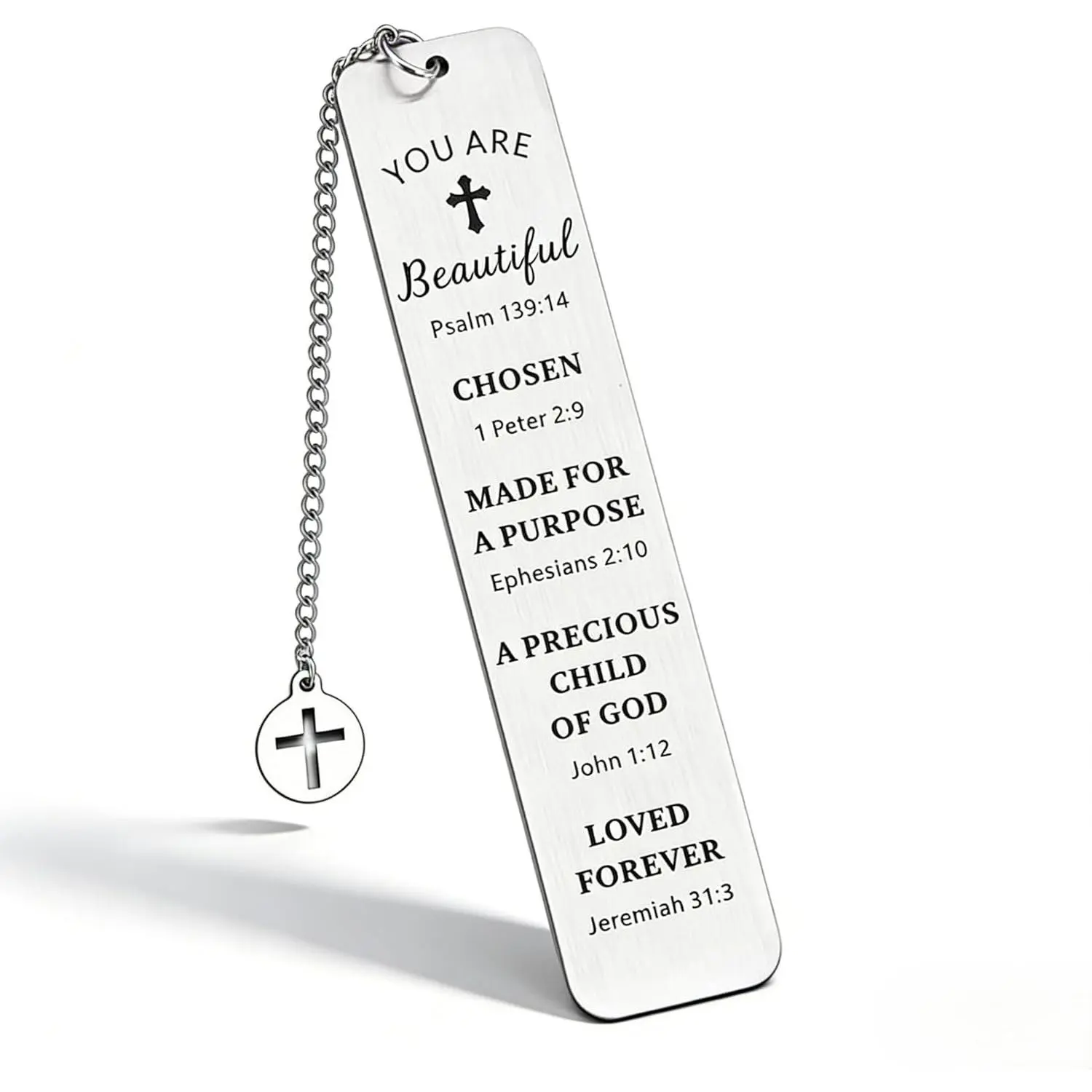 Steel Bookmark with Cross Pendant – Inspirational Bible Verse Scripture – Perfect Religious Gift Women, Men, Girls, Baptism, Graduation