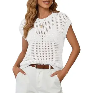 Saodimallsu Women's Basic Cotton Casual Sweaters - Short-Sleeve Round Neck Lightweight Crochet Knit Beach Vacation Clothes
